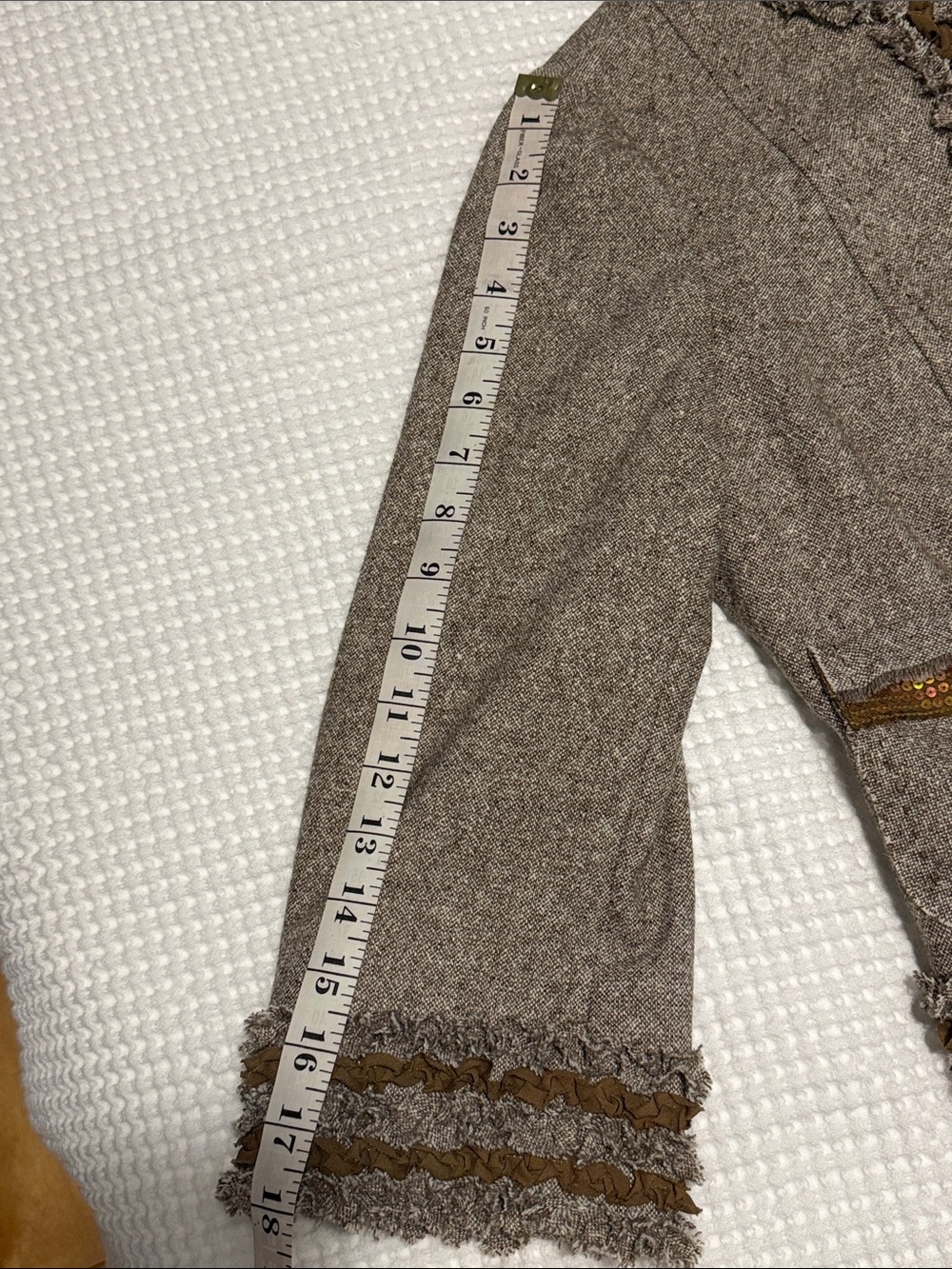 St. John Beige Tweed Blazer with Ruffle Trim - Picture 9 of 10